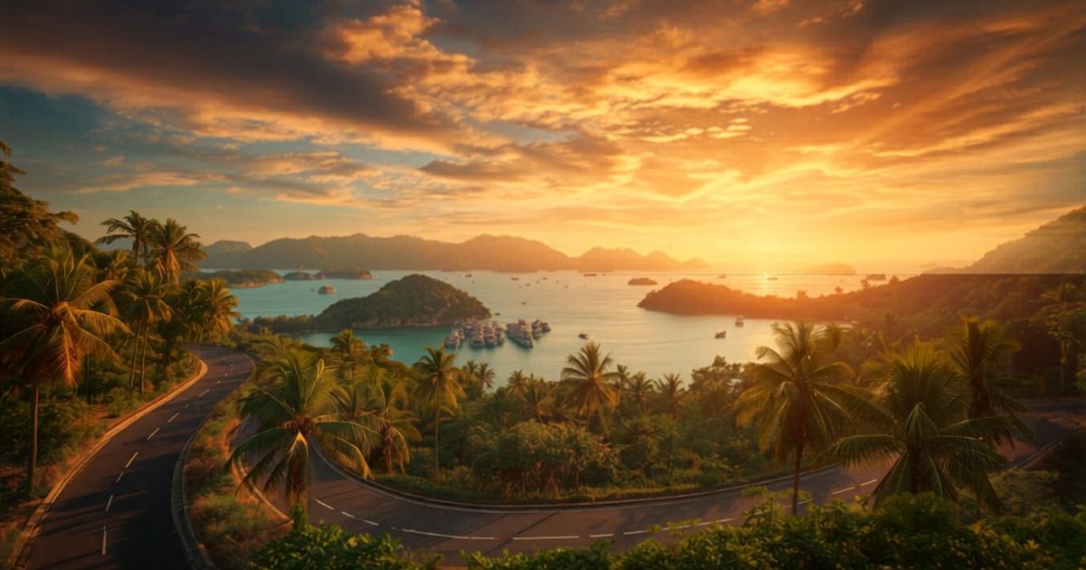 Scenic coastal road winding through Phu Quoc island at golden sunset