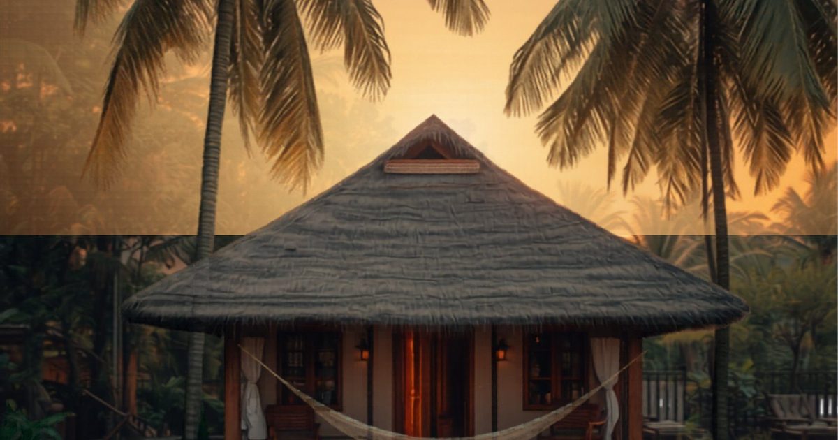 Tropical bungalow homestay with pool and palm trees in Phu Quoc at sunset