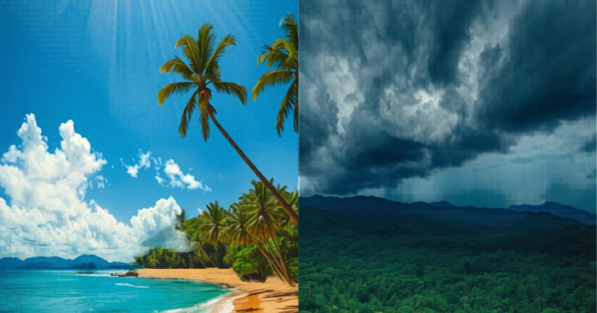Phu Quoc island showing sunny beach and monsoon season contrast