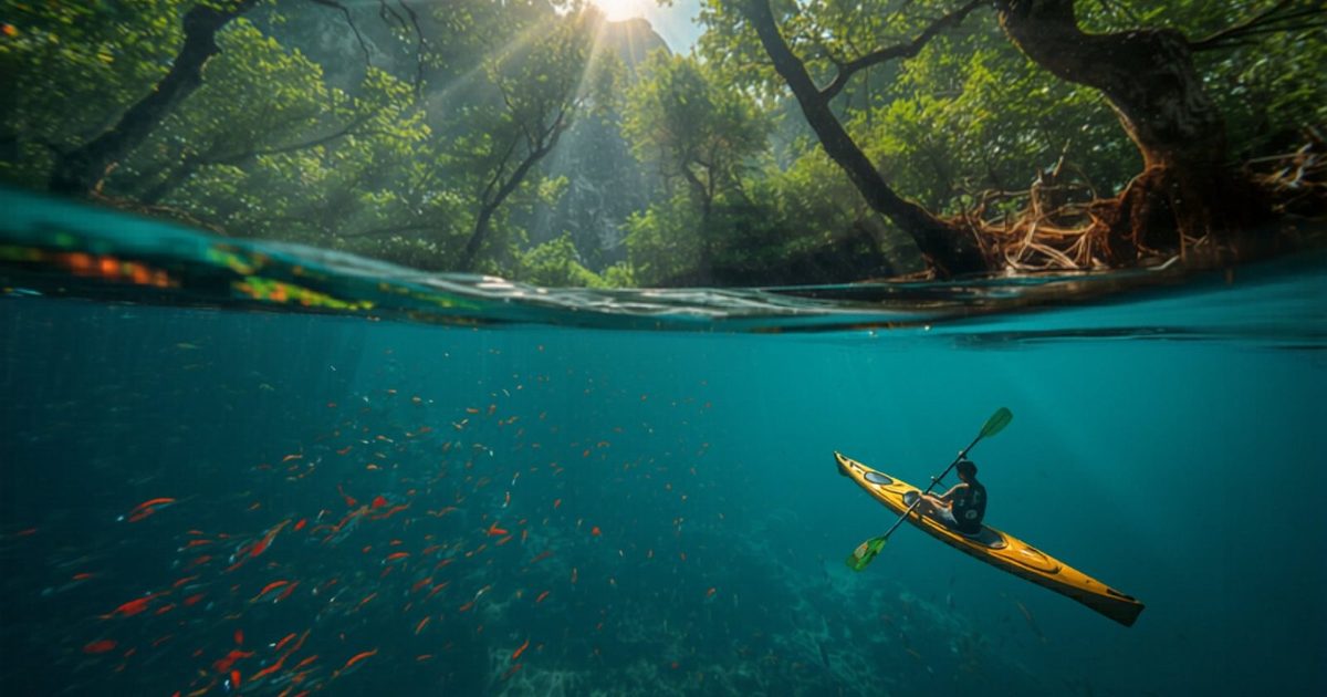 Kayaking through mangrove forest with tropical fish in Phu Quoc