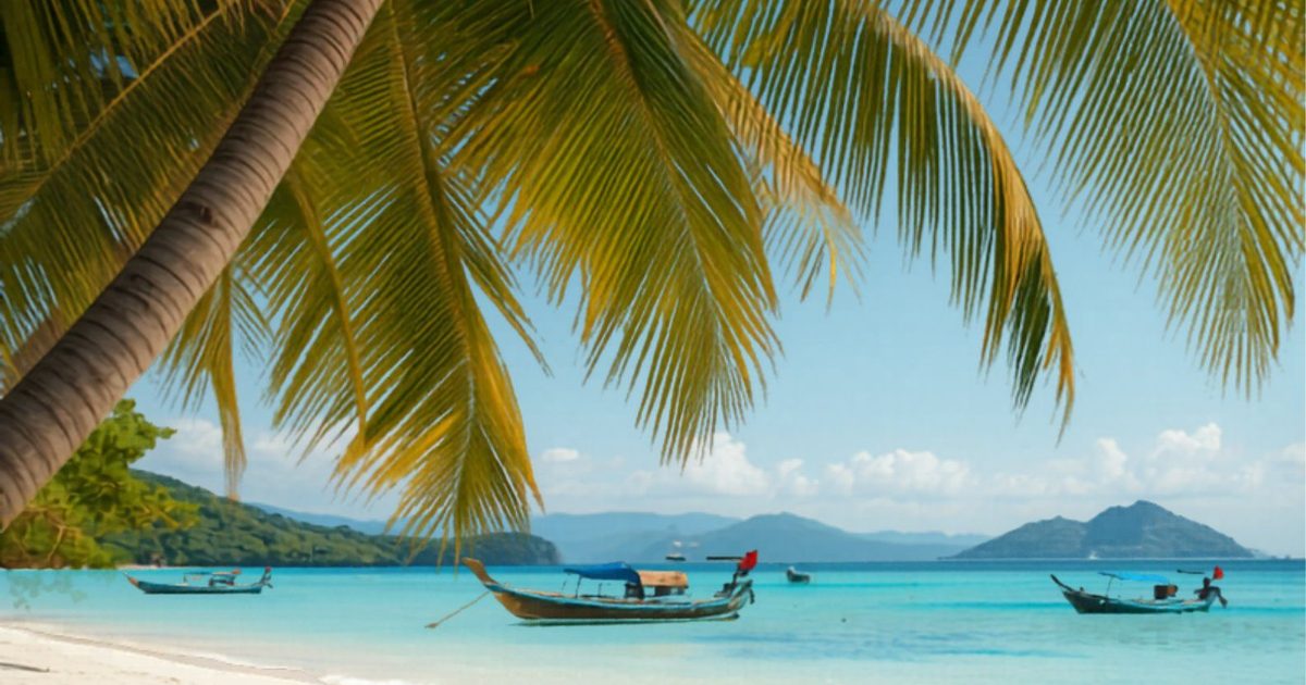 Pristine white sand beach with palm trees and boats in Phu Quoc