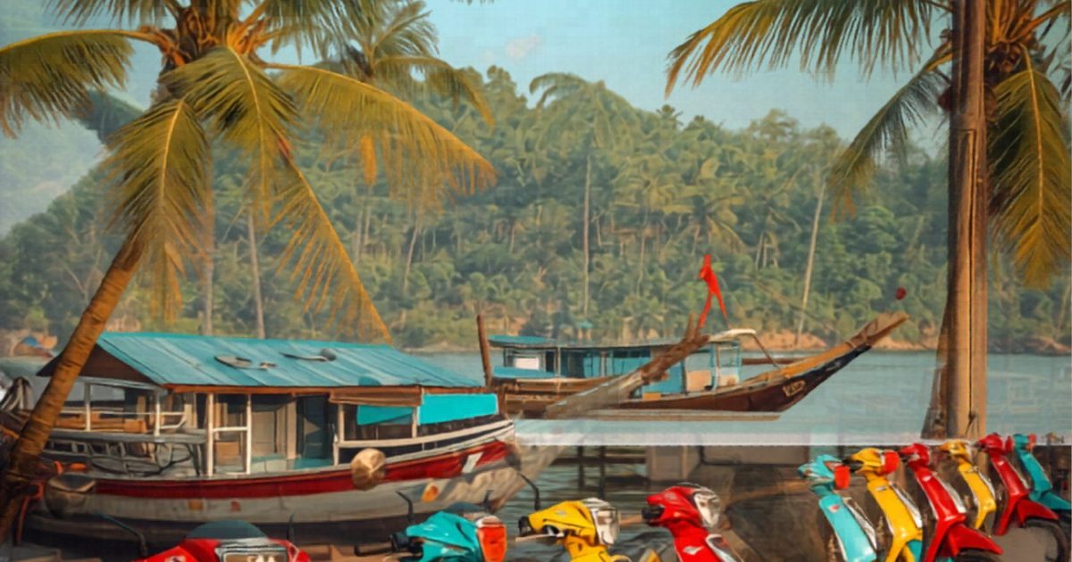Colorful motorbikes parked near tropical pier in Phu Quoc